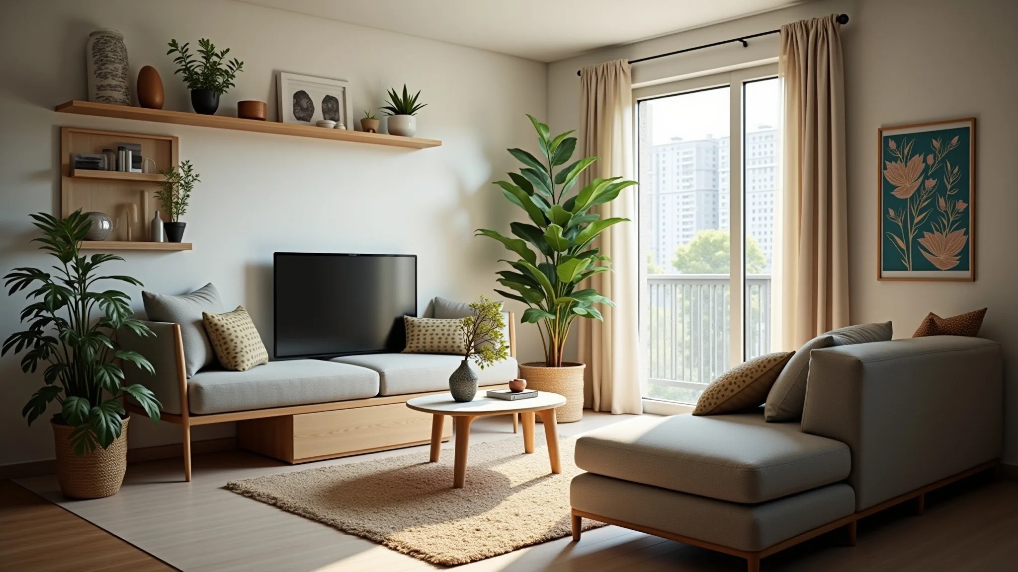 Sofá retrátil em apartamento pequeno com espaço otimizado, plantas e estilo brasileiro.