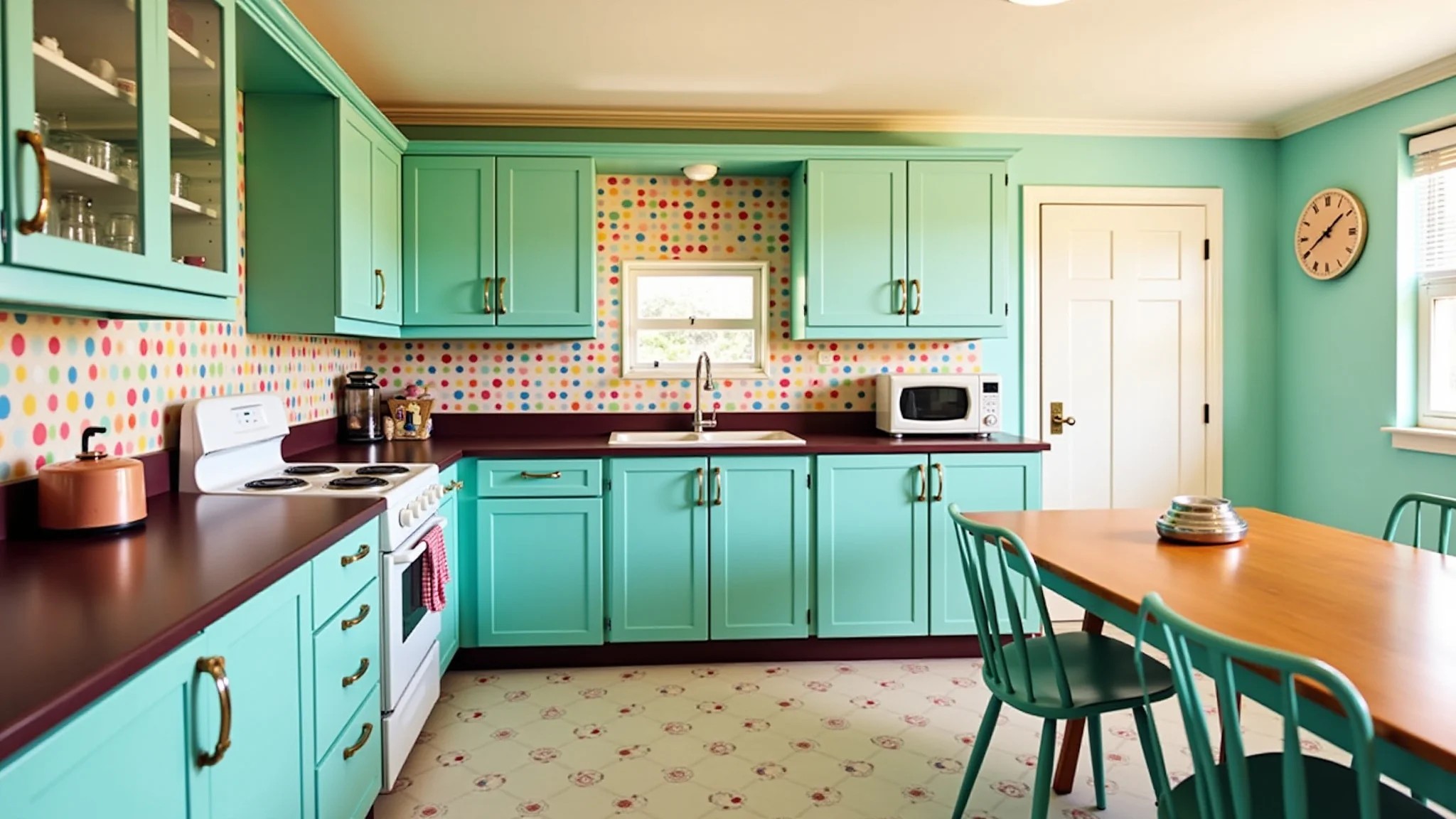 Cozinha retrô com papel de parede de bolinhas coloridas e eletrodomésticos vintage.