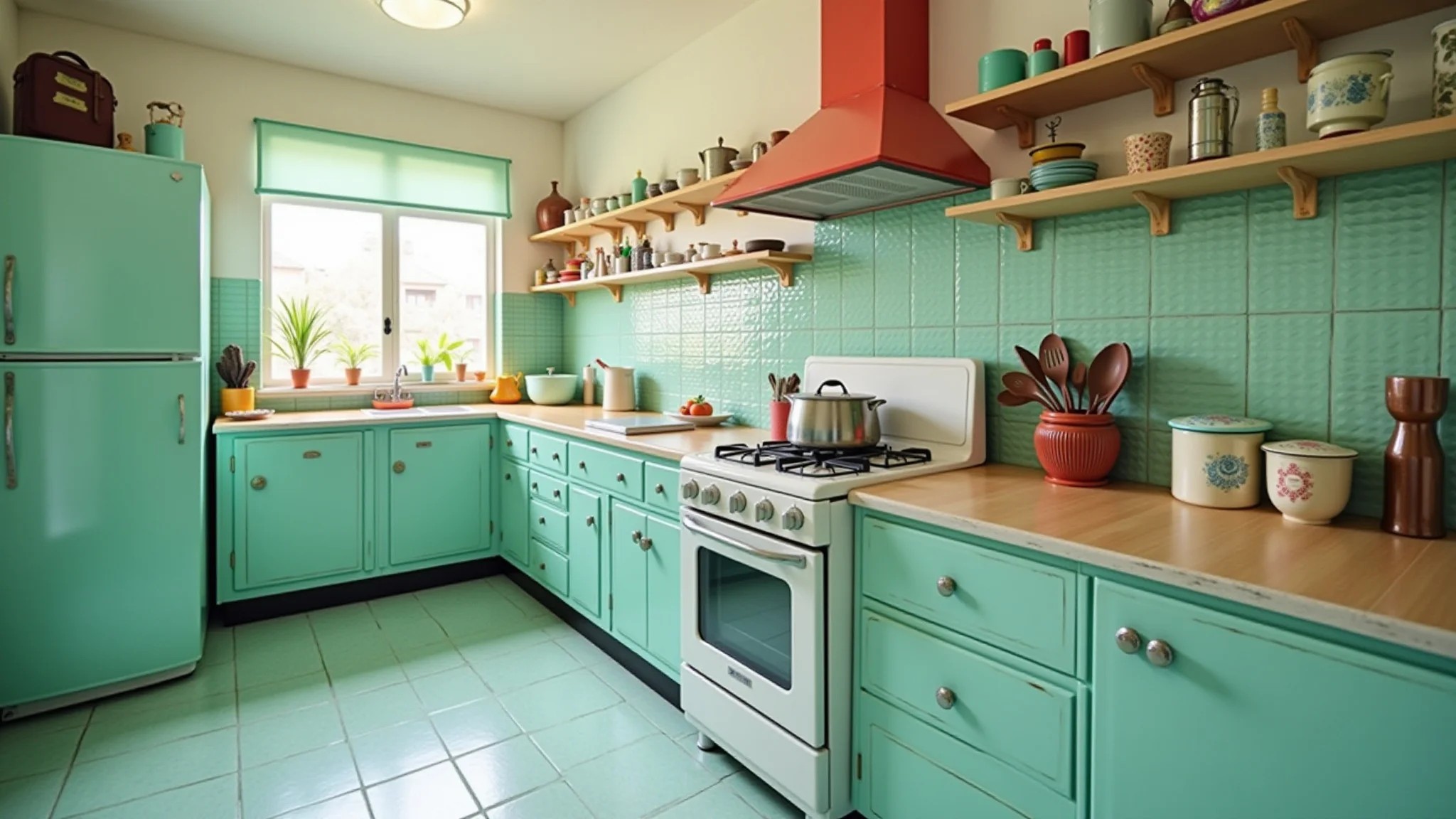 Cozinha retrô com azulejos verde menta, eletrodomésticos vintage e utensílios coloridos.