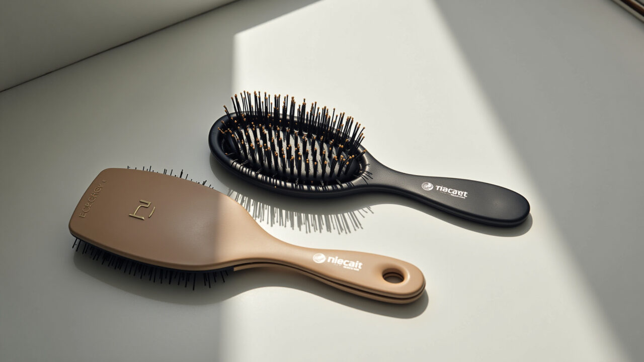 Ricca hairbrushes, ergonomic design, soft bristles, natural light, Brazilian style, 8K, sharp Escovas de cabelo Ricca com design ergonômico.