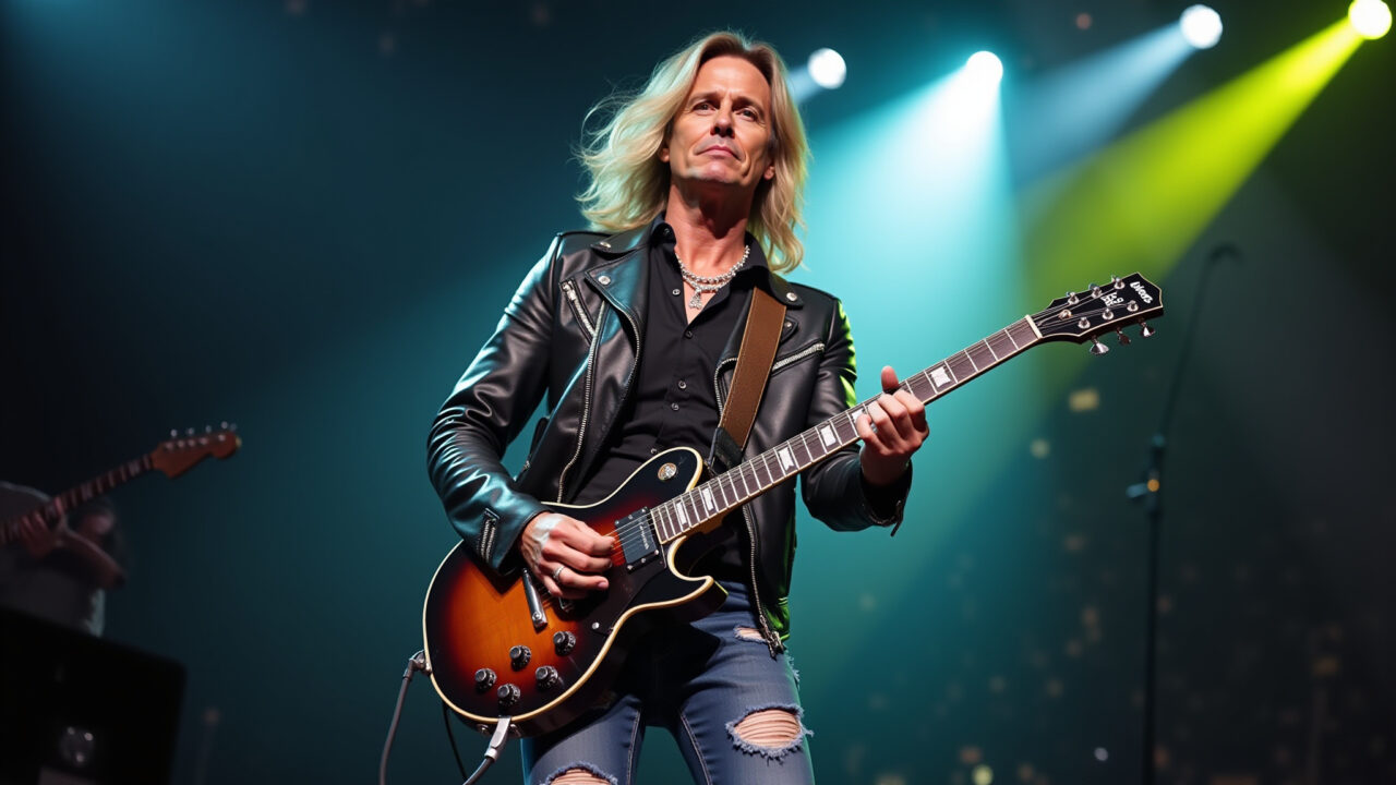 Estilo rock'n'roll: jaqueta de couro e jeans rasgados em show no Brasil.