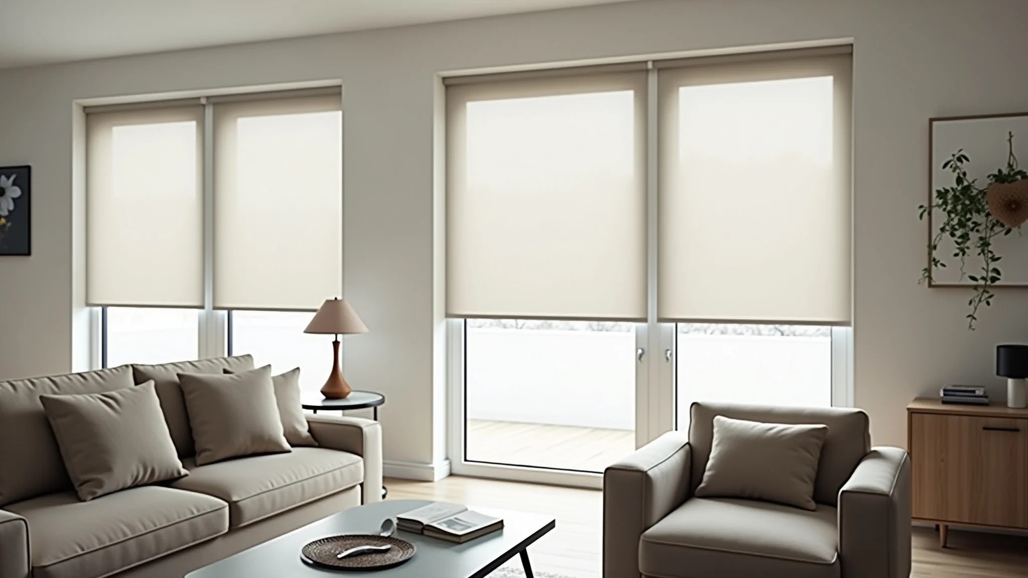 Instalação de cortina rolô em sala moderna com luz natural e decoração minimalista.