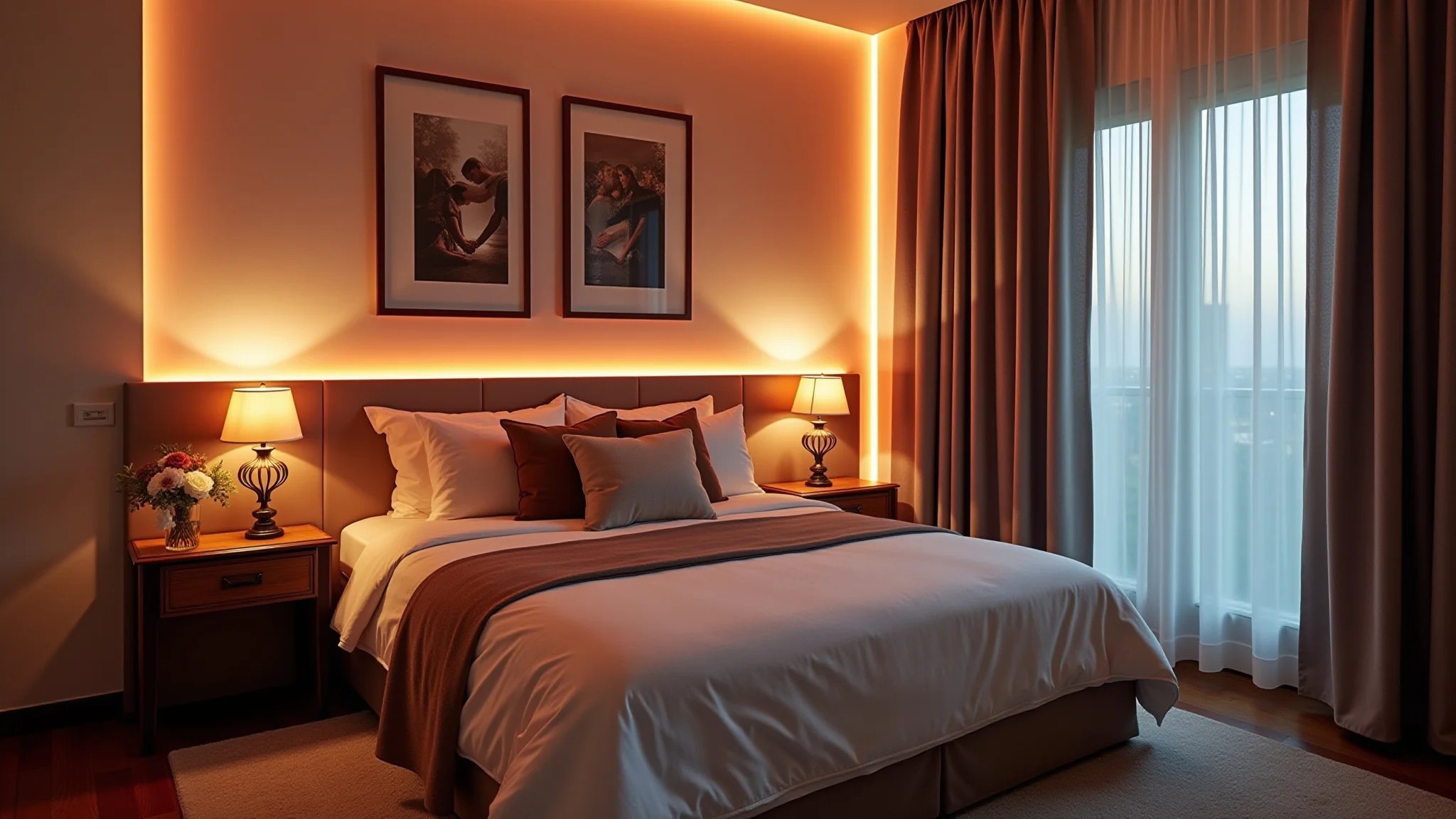 Quarto romântico com iluminação indireta de LED atrás da cabeceira.