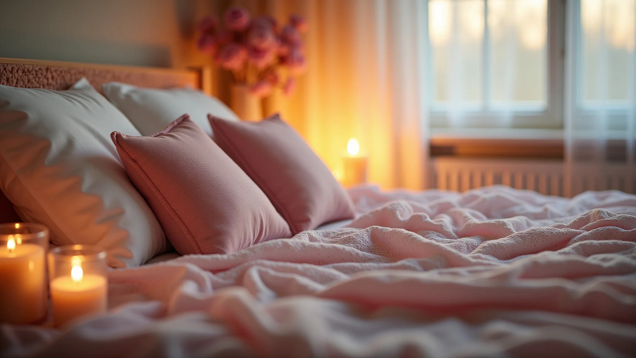 Quarto romântico com iluminação suave, cores pastel e velas para criar um clima íntimo.