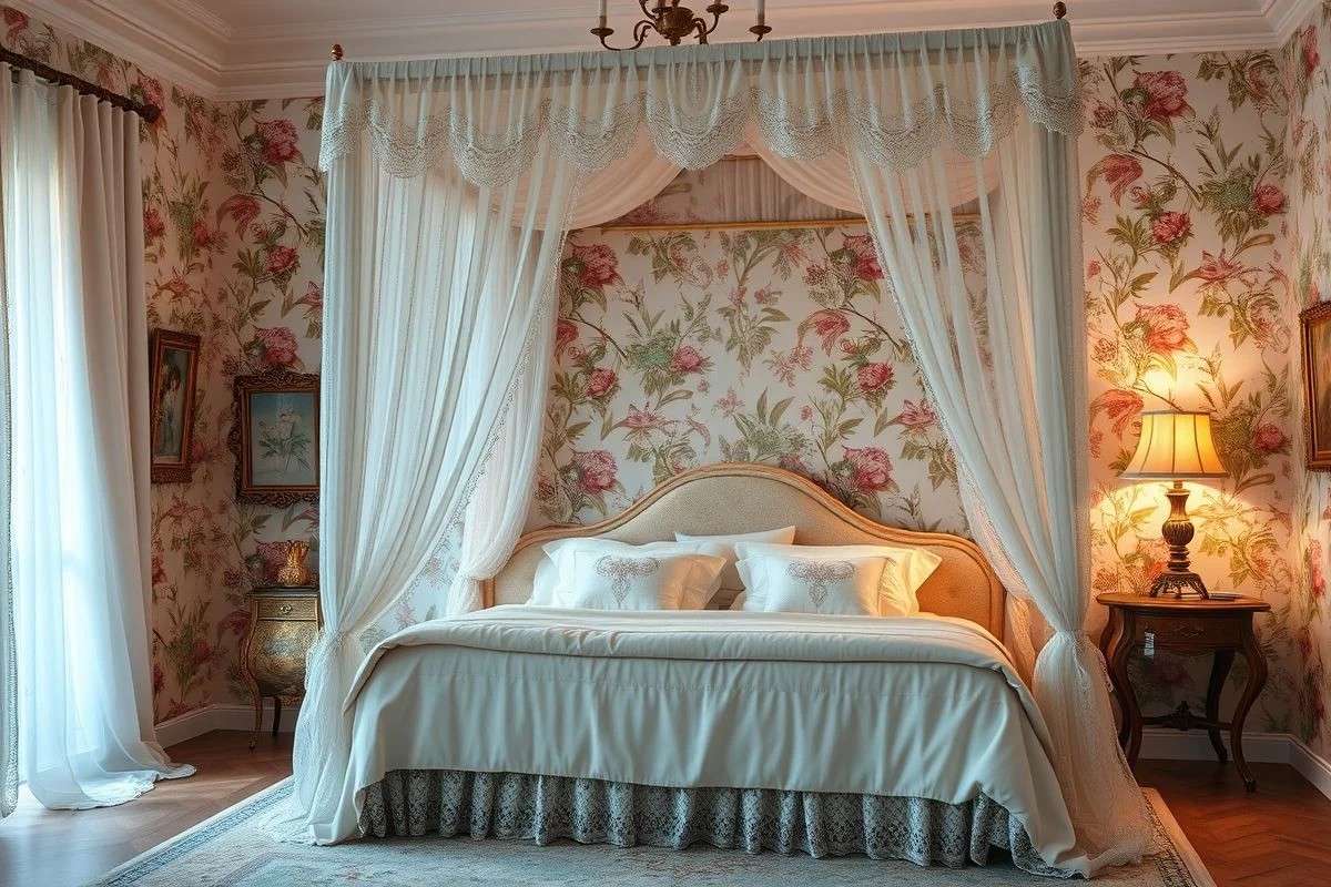 Quarto romântico brasileiro com cores pastel, cama com dossel e detalhes vintage.