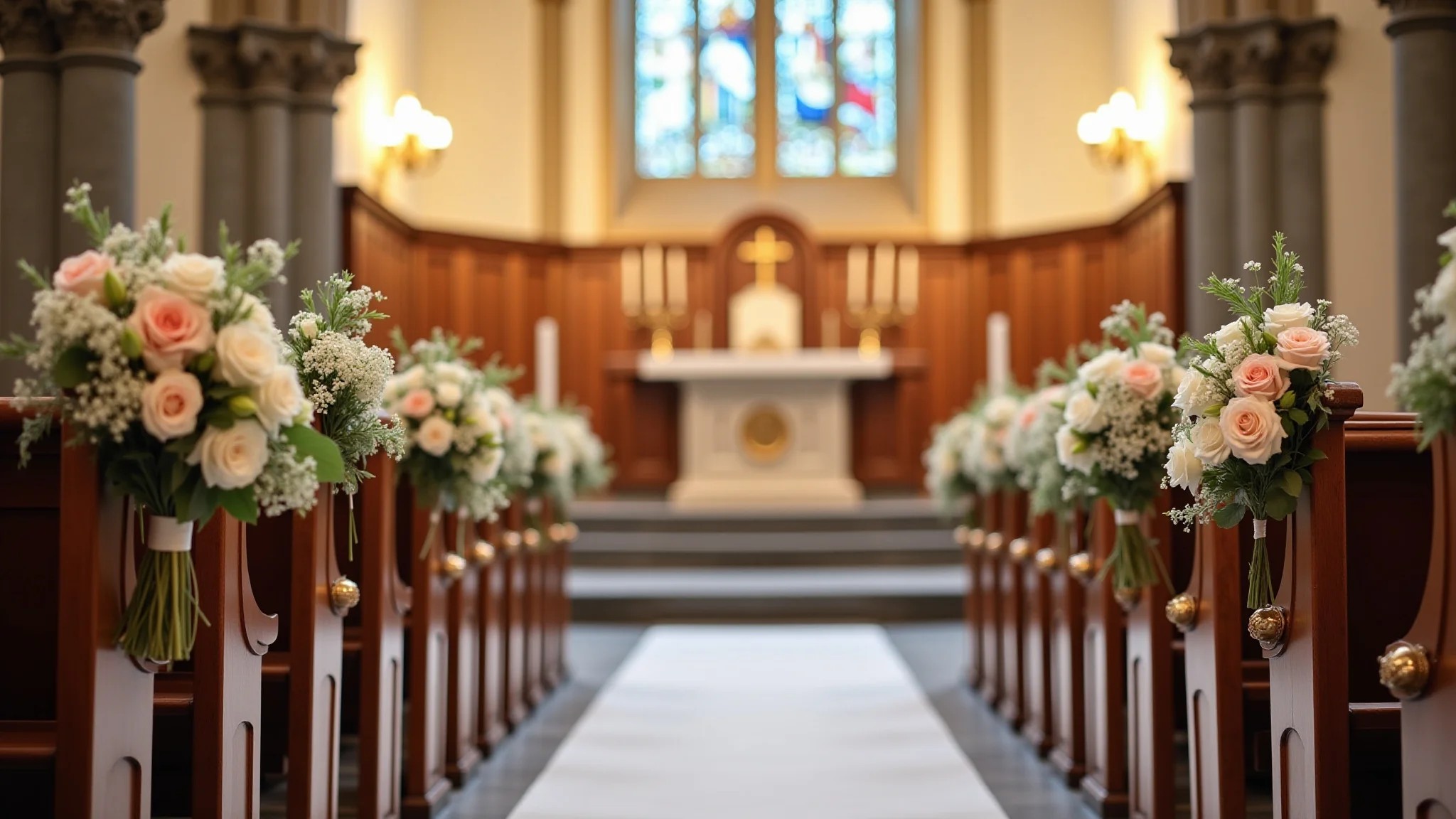 Decoração romântica para casamento na igreja com flores em tons pastel e velas.
