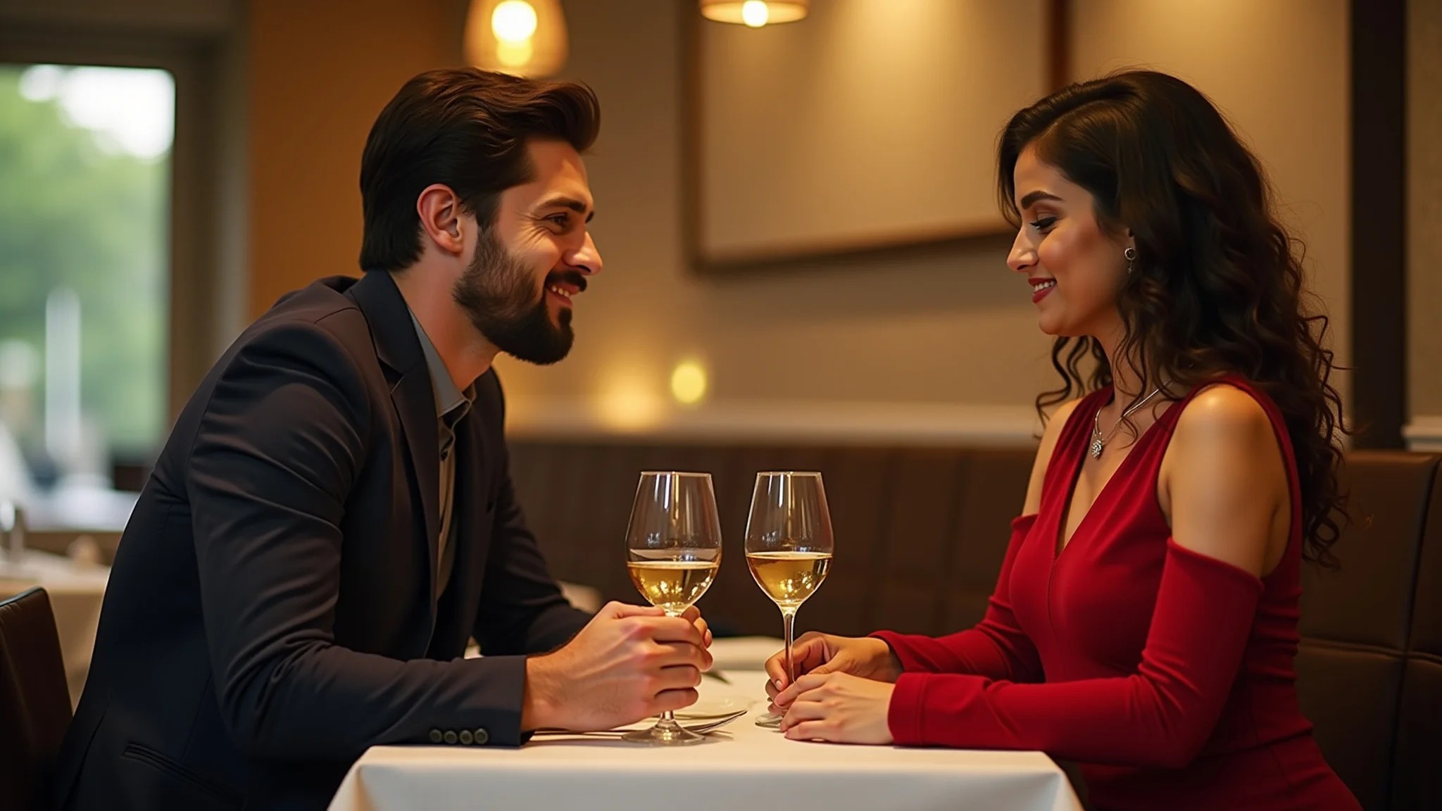 Casal brasileiro em jantar romântico. Mulher com vestido vermelho, homem de blazer.