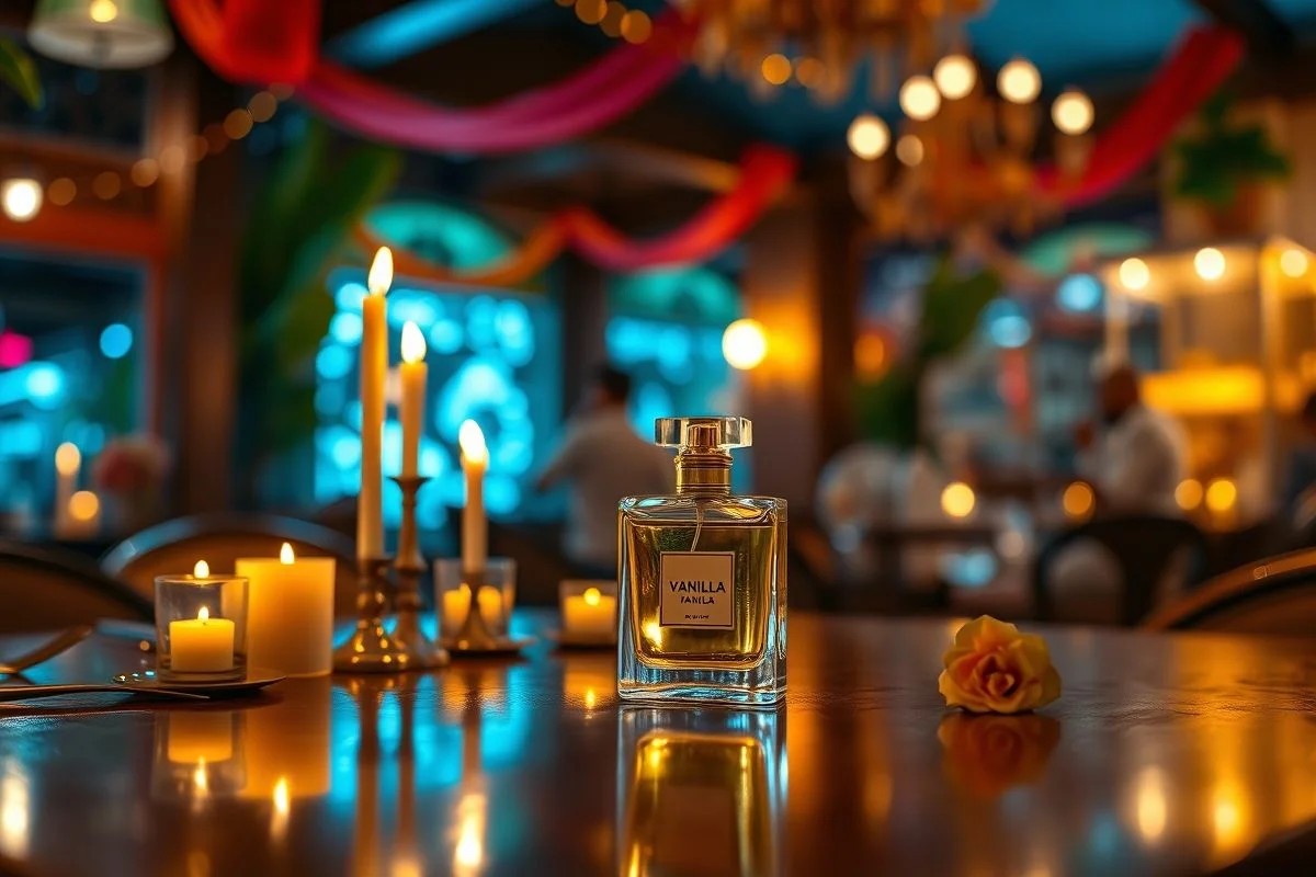 Jantar romântico à luz de velas com perfume de baunilha.