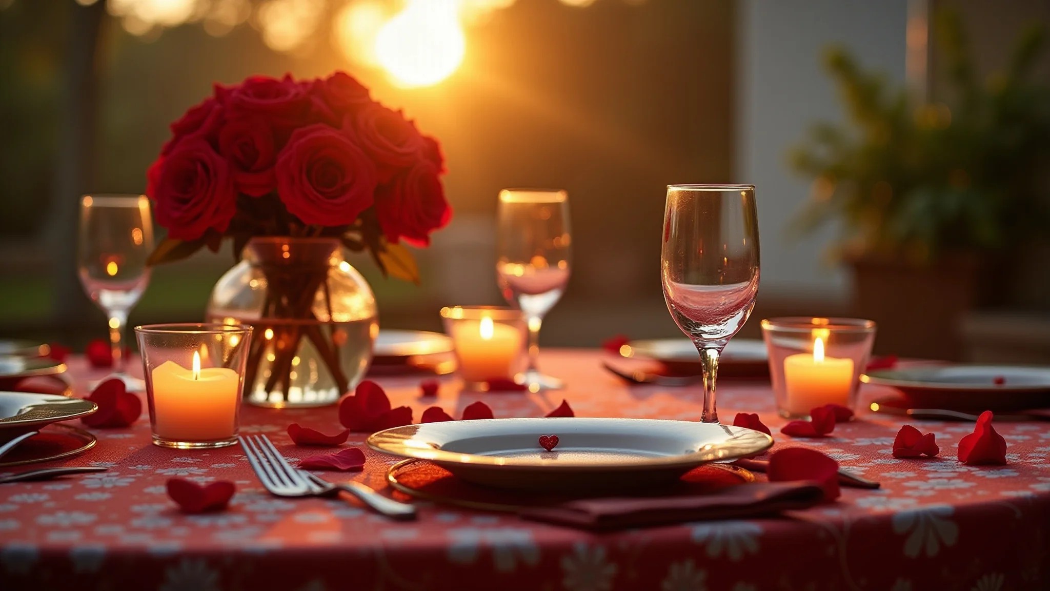 Mesa de jantar romântica para o Dia dos Namorados com rosas vermelhas e velas.