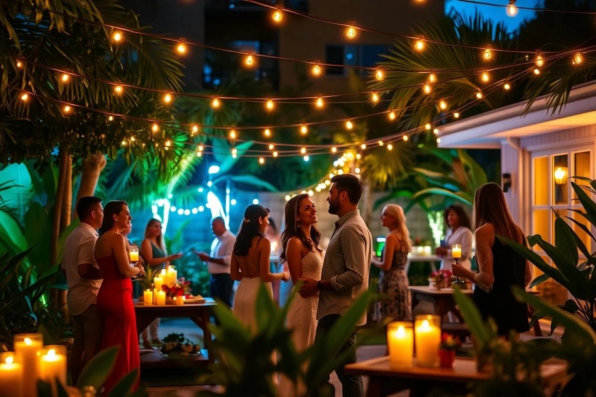 Quintal brasileiro iluminado com luzinhas e velas para criar um ambiente romântico de noivado.