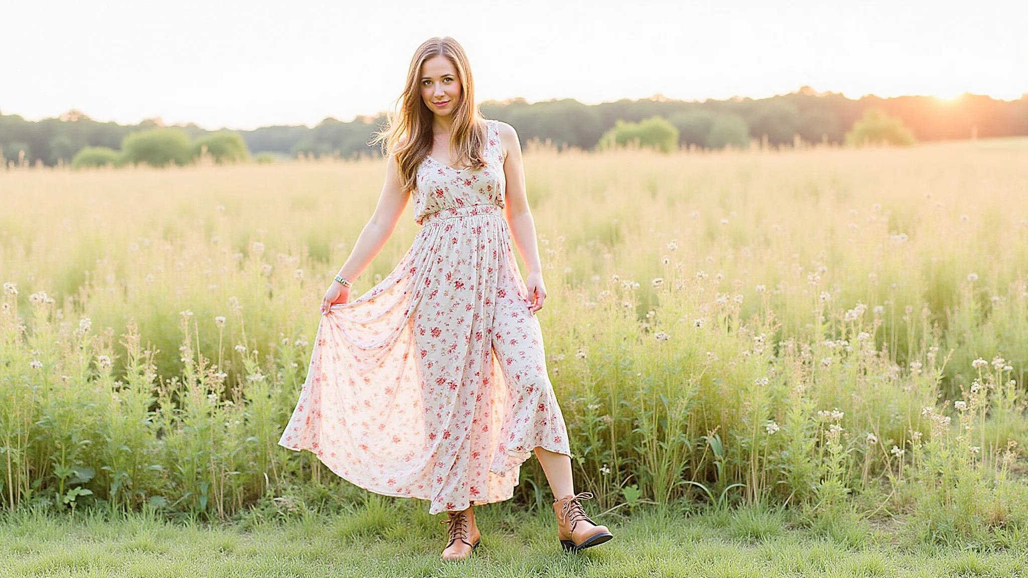 Look romântico com vestido floral e coturno marrom em campo florido, luz suave.