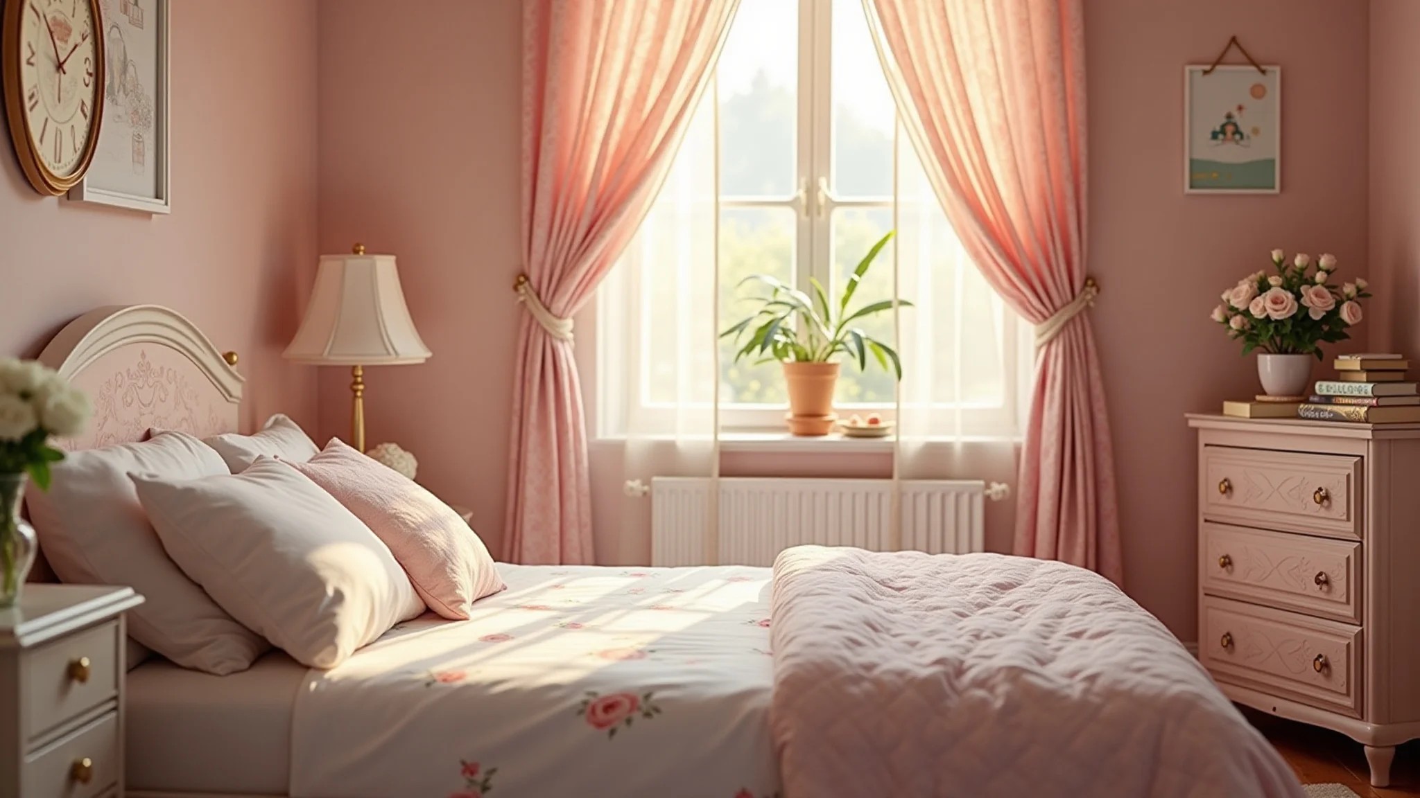 Quarto romântico para adolescente com cores pastel, estampas florais e acessórios delicados.