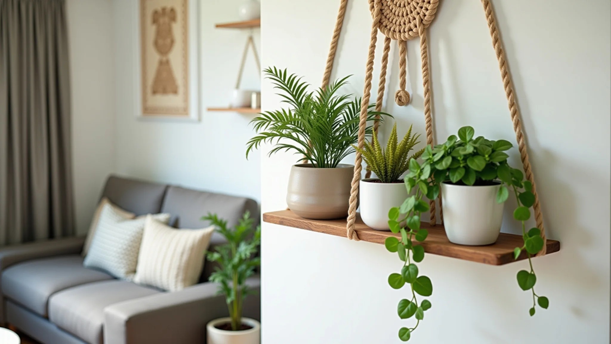 Prateleira de corda com plantas em sala de estar, detalhes em macramê.