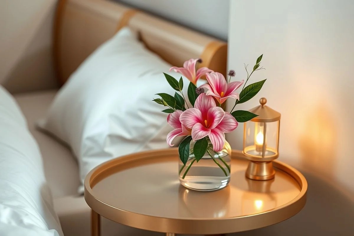 Mesa de cabeceira redonda com flores e abajur em quarto brasileiro elegante.