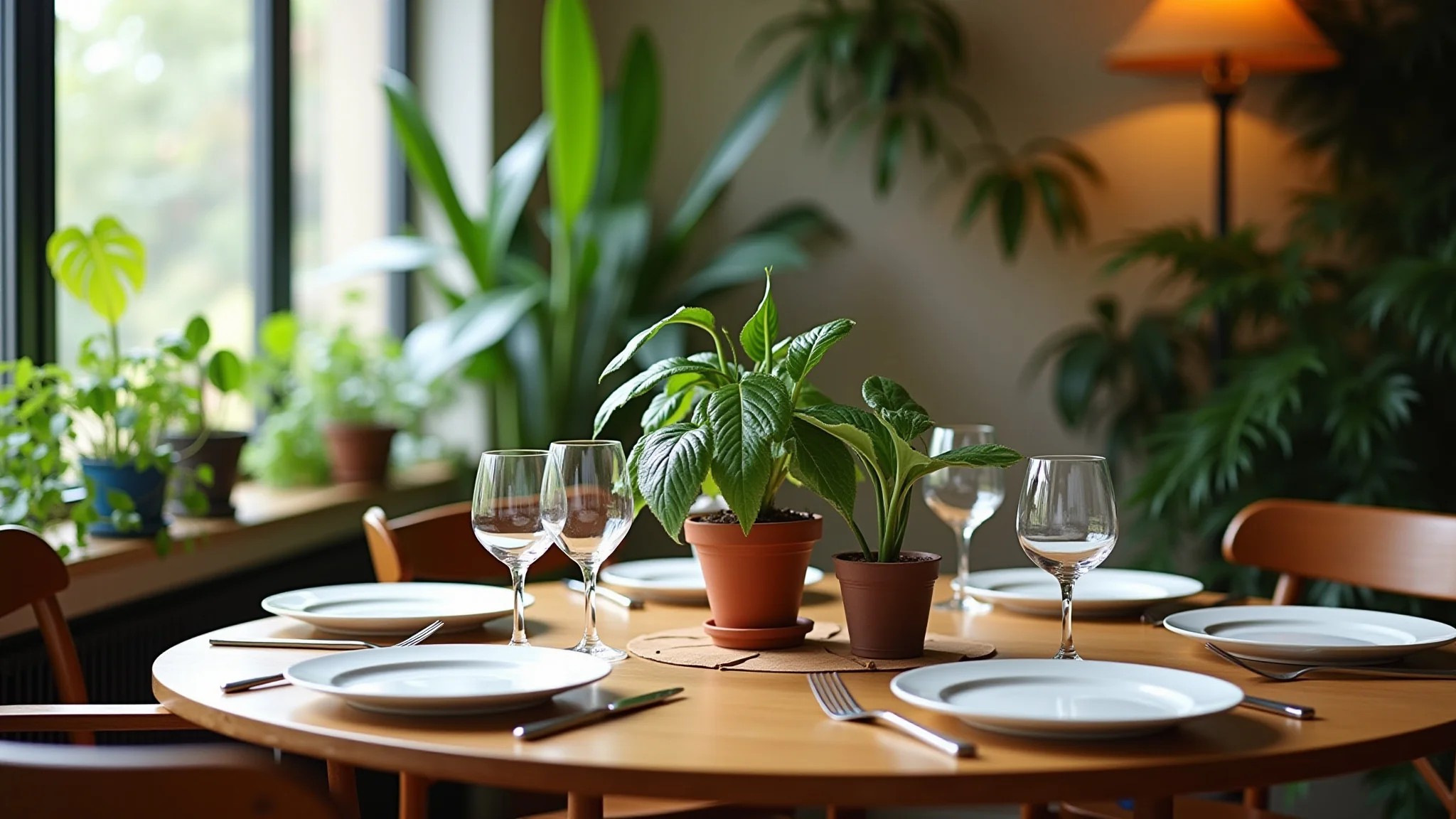 Mesa de jantar redonda com plantas e decoração natural em sala de jantar.