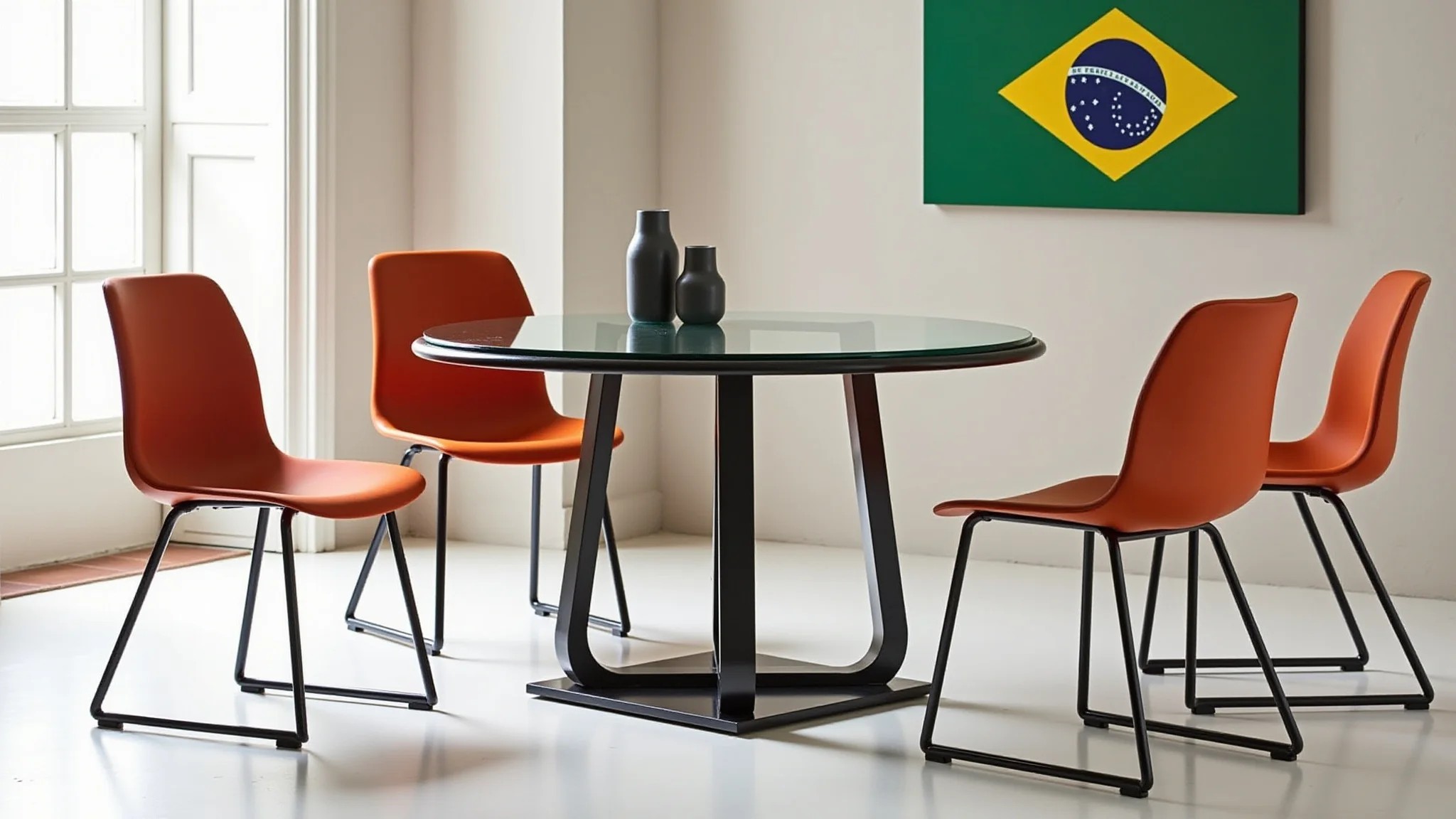 Mesa redonda de vidro com base de metal e cadeiras modernas em sala de jantar.