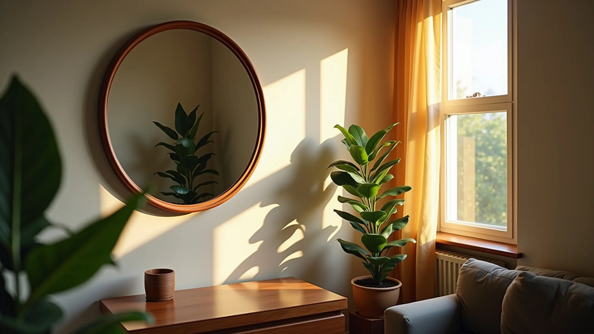 Espelho redondo refletindo luz da janela e plantas em sala de estar estilo brasileiro.