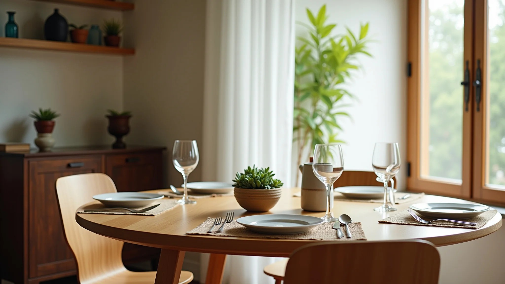 Mesa de jantar redonda de madeira com decoração simples em casa brasileira.
