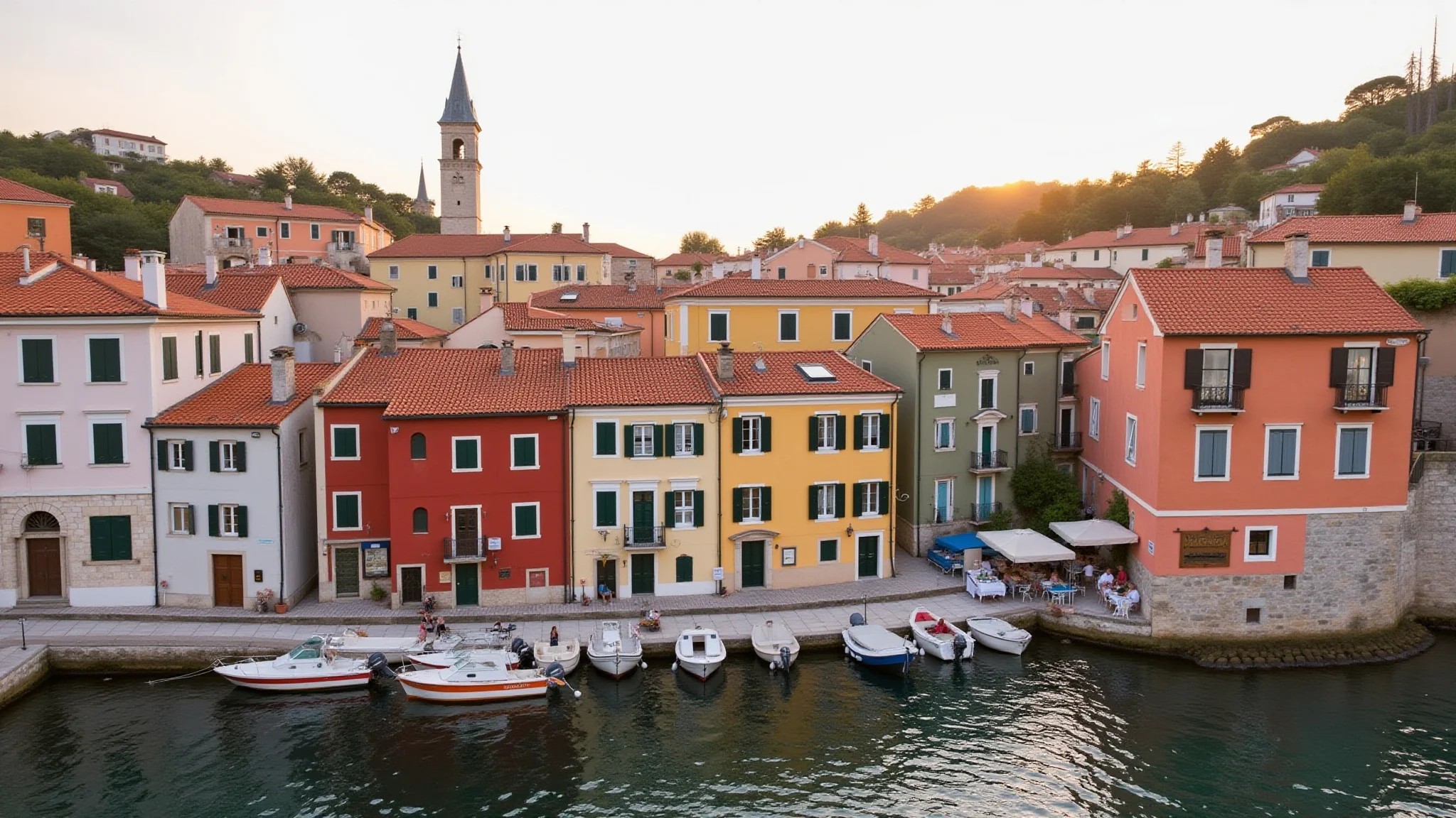 Casas coloridas em Rovinj, Croácia, com vista para o Mar Adriático.
