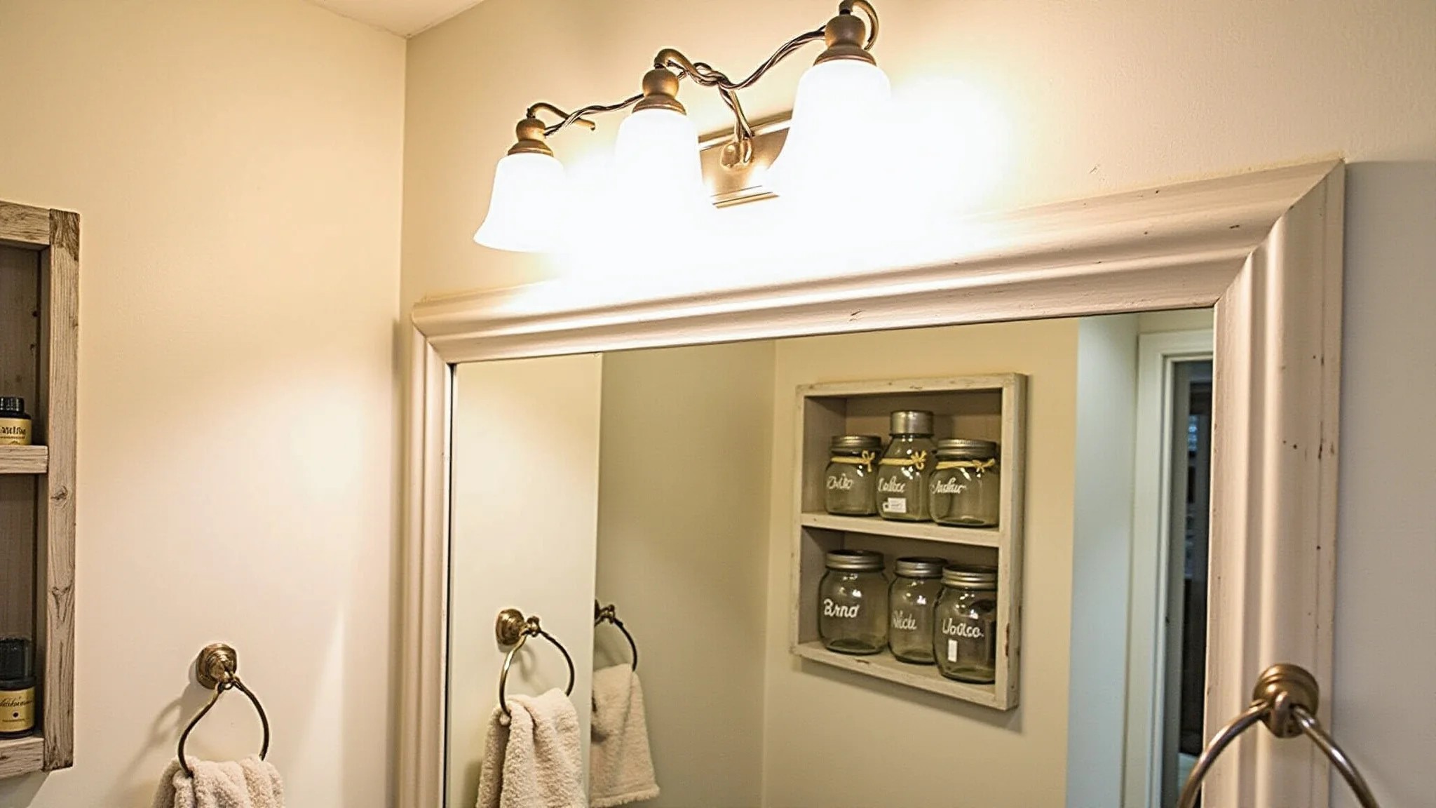 Detalhe rústico de banheiro: luminárias de barbante, potes de vidro e prateleira de madeira.