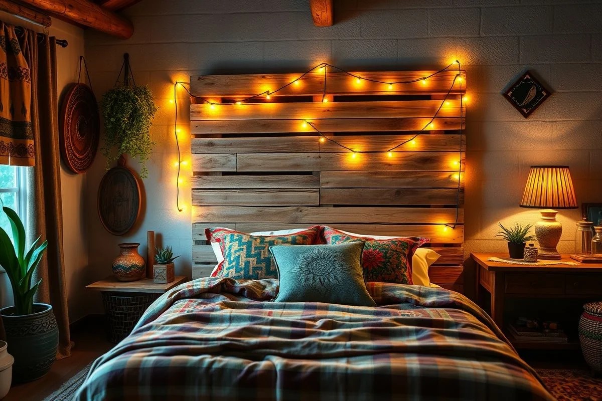 Quarto rústico com cabeceira de pallet e luzes, decoração brasileira