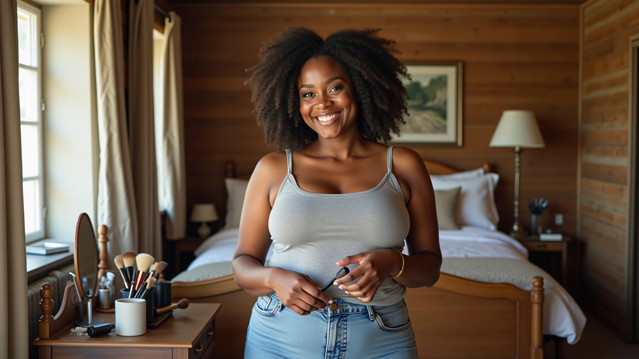 Quarto rústico com penteadeira de madeira e mulher negra organizando pincéis.