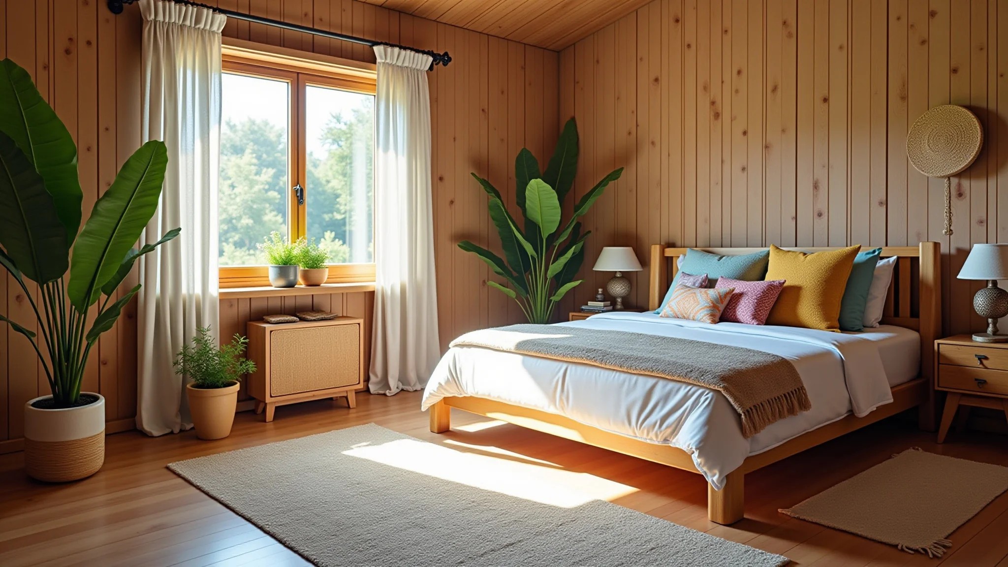 Quarto rústico com móveis de madeira clara, plantas e almofadas coloridas.