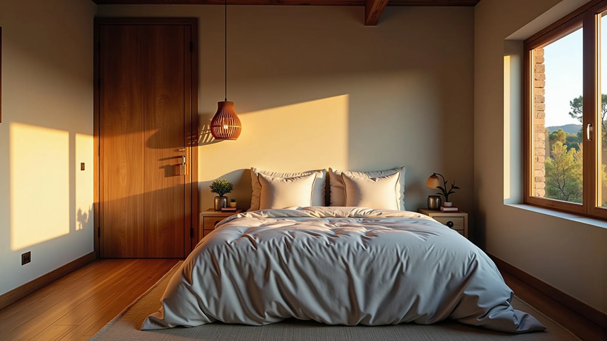 Quarto rústico com pendente de madeira, luz suave e decoração brasileira.
