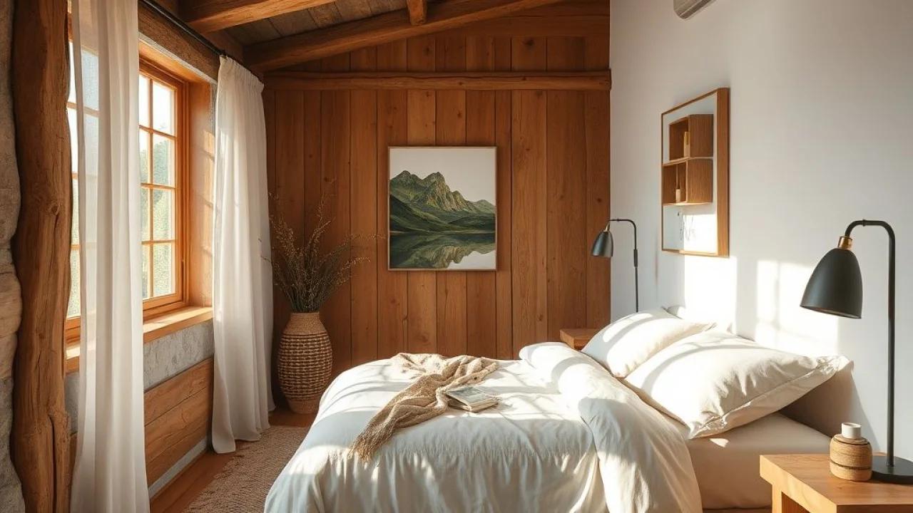 Quarto rústico chique com cama de linho e detalhes em madeira, luz natural.