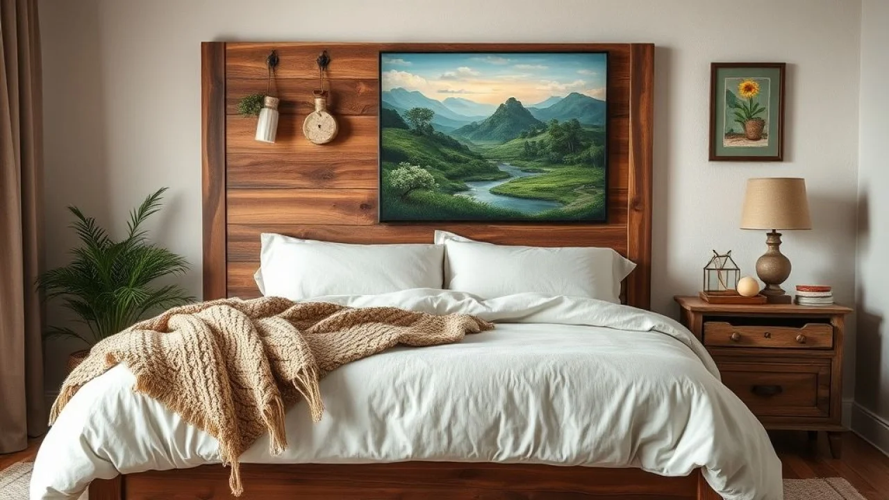 Quarto rústico chique com cabeceira de madeira, colcha de tricô e pintura brasileira.