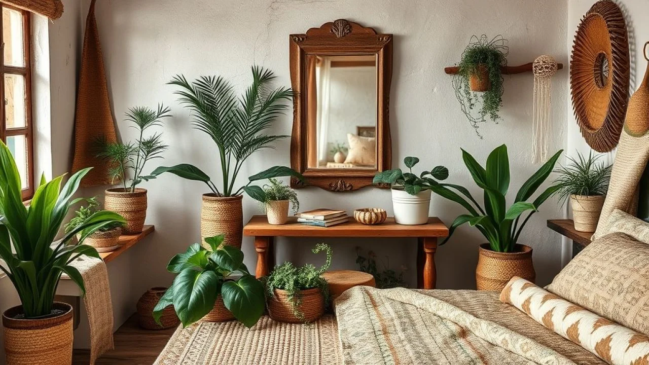 Quarto rústico chique com plantas, espelho vintage e objetos artesanais.