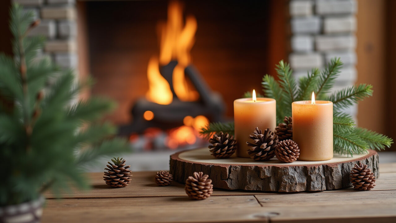 Decoração de Natal rústica com materiais naturais como madeira e pinhas.