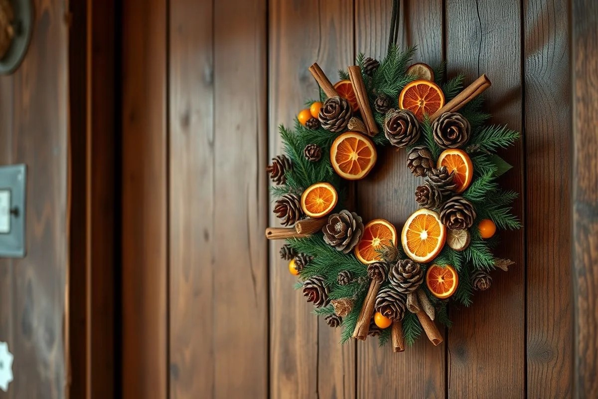 Guirlanda rústica de Natal feita com pinhas e laranja seca em porta de madeira.