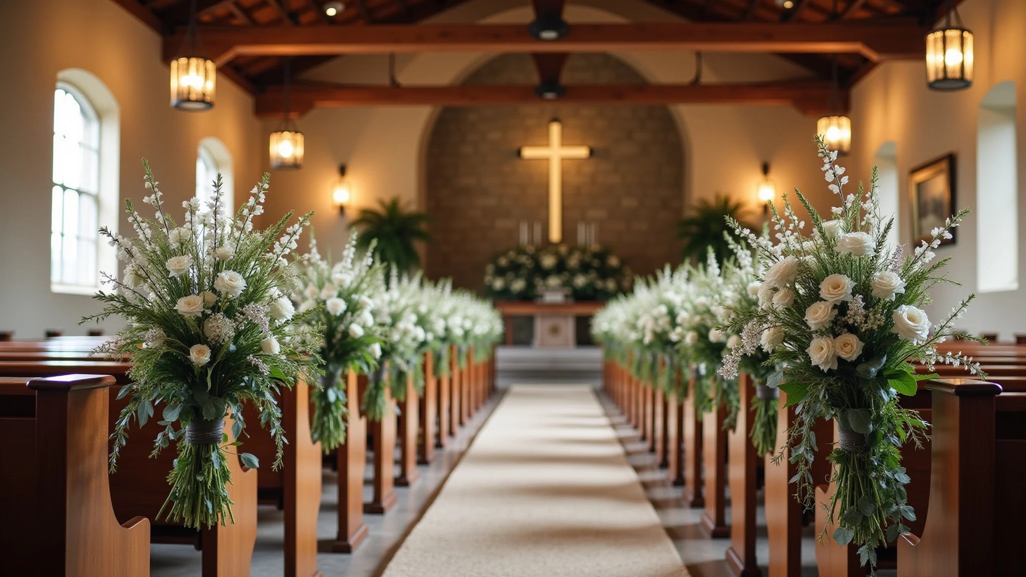 Decoração rústica para casamento na igreja com flores do campo e detalhes em madeira.