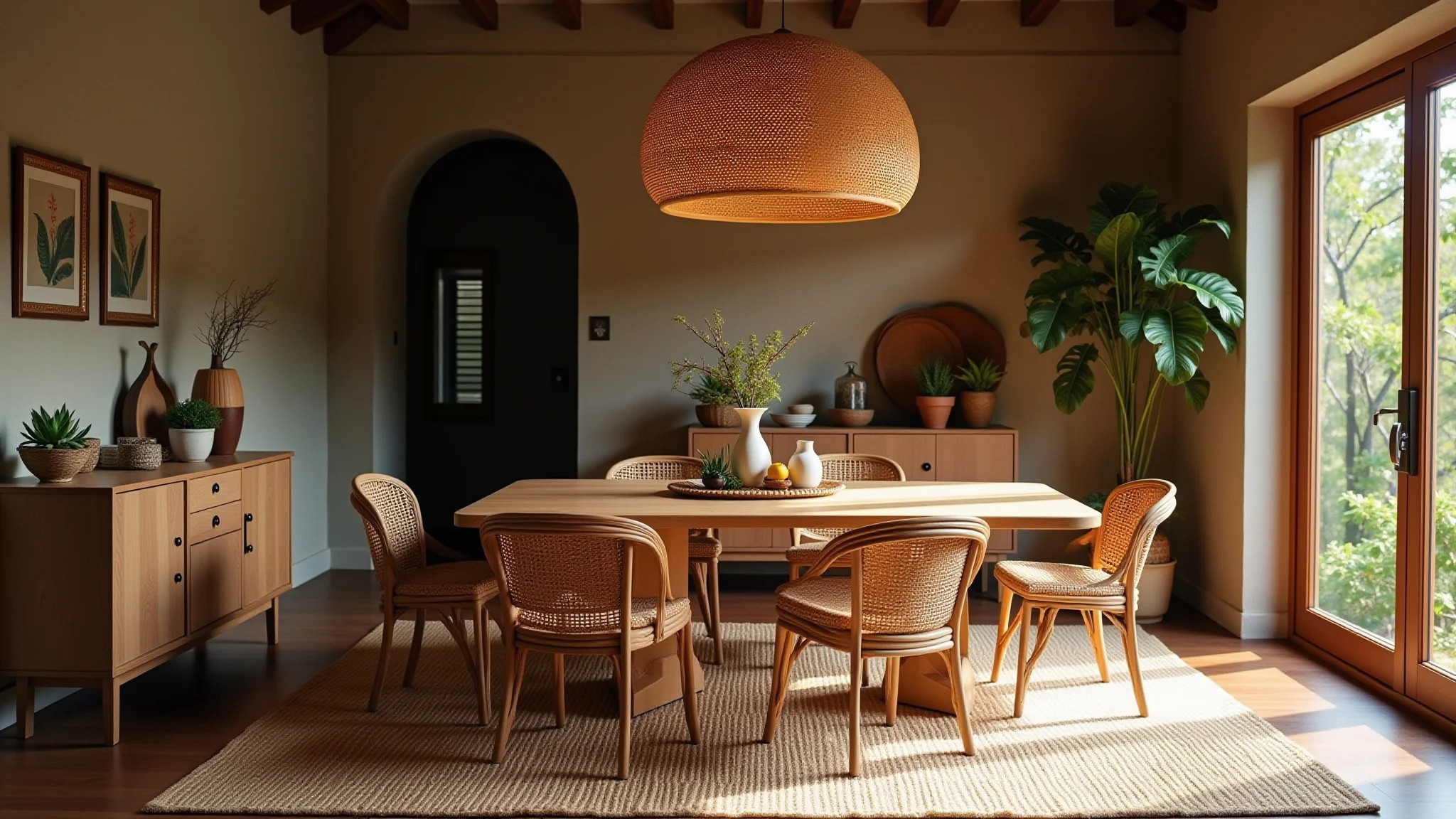 Sala de jantar rústica com canto alemão de madeira, texturas e decoração brasileira.
