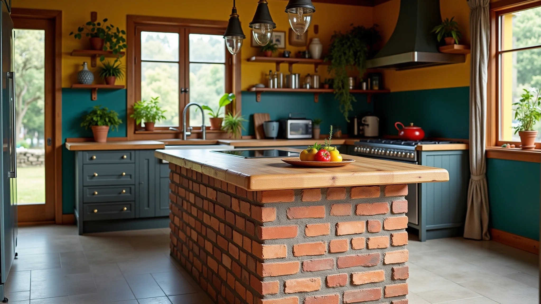 Ilha de cozinha rústica com detalhes em tijolinho, bancada de madeira e decoração brasileira.