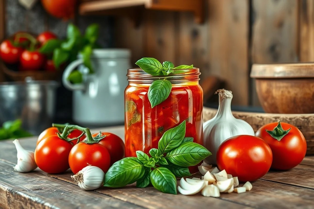 Molho de tomate caseiro com manjericão, cozinha rústica brasileira.