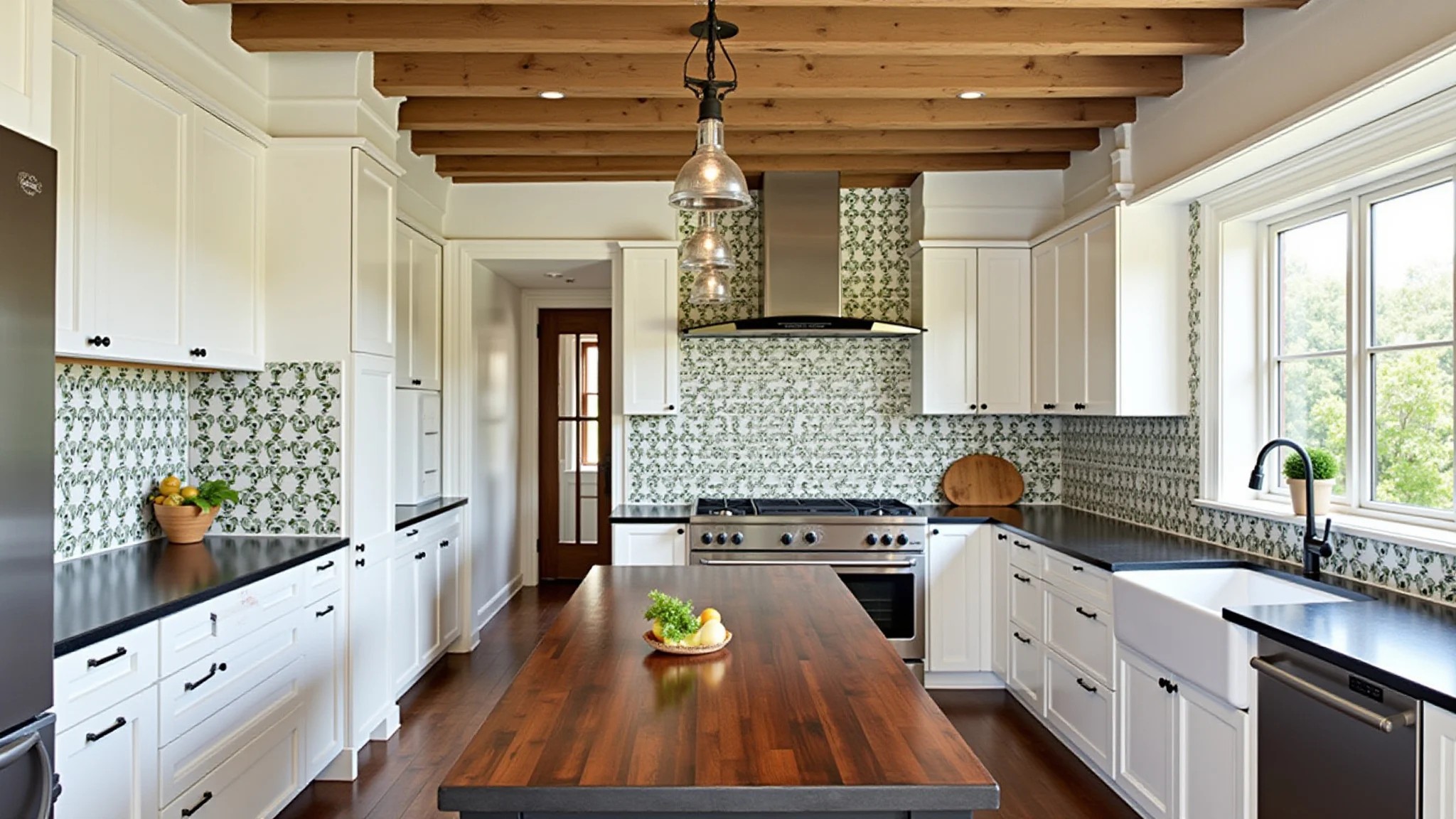 Cozinha rústica com backsplash de ladrilhos hidráulicos florais e iluminação natural.