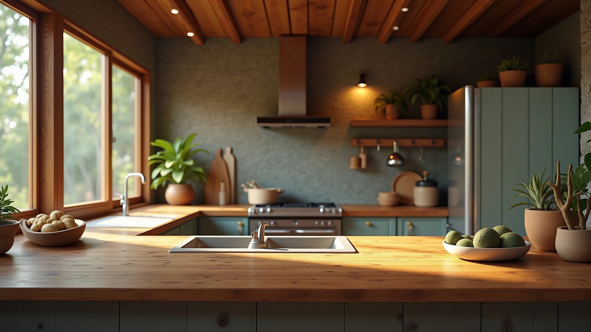 Cozinha rústica com bancada de madeira e estilo aconchegante brasileiro.