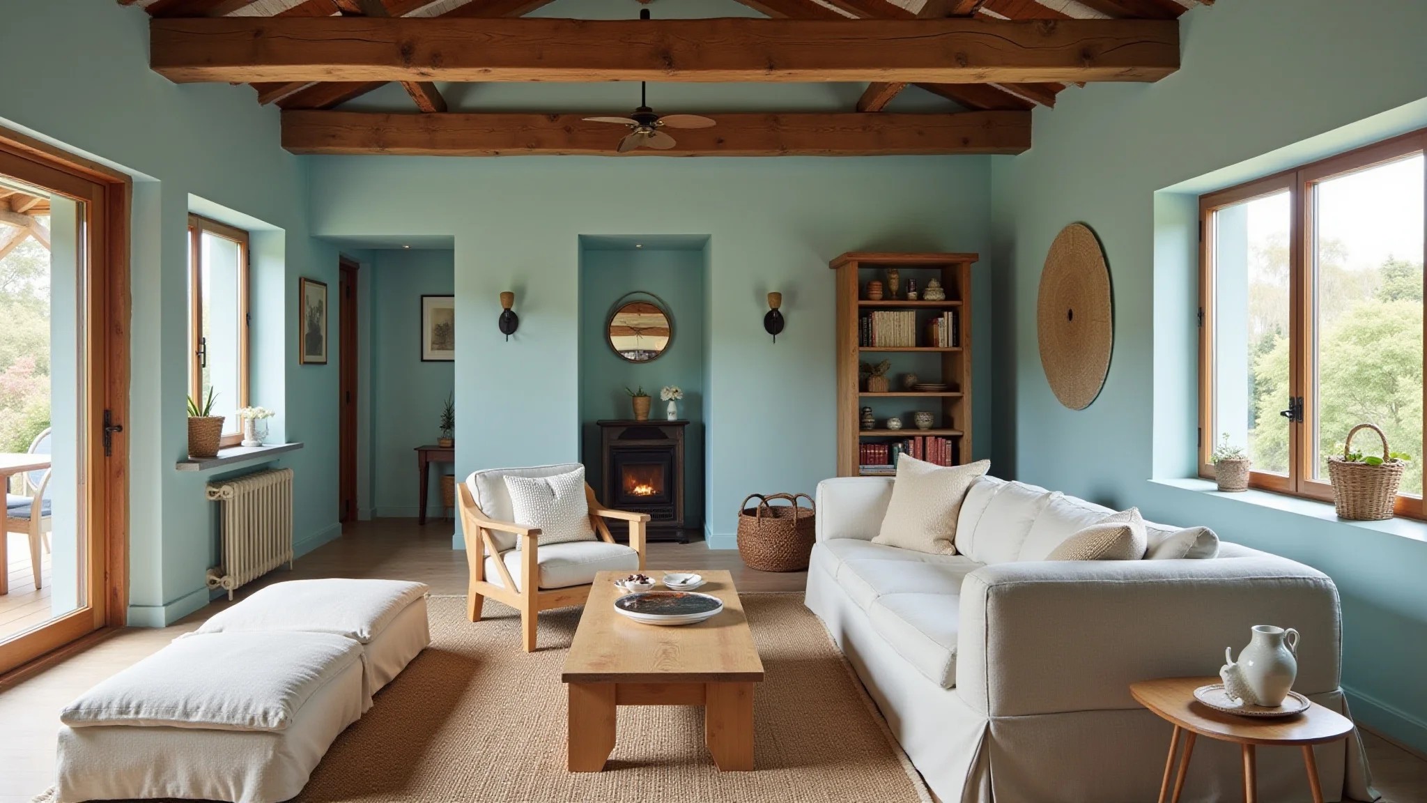 Sala de estar azul claro com estilo rústico e madeira de demolição.