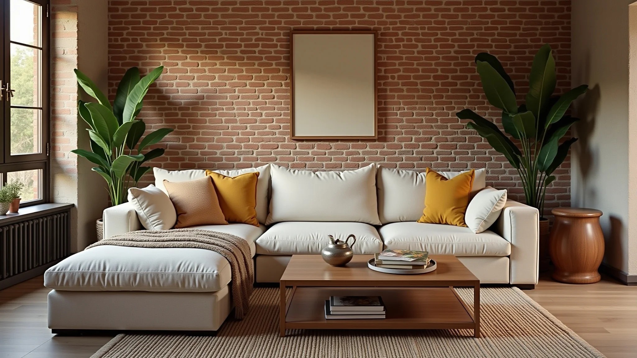 Sala rústica com parede de tijolos, sofá de linho e mesa de madeira com decoração brasileira.