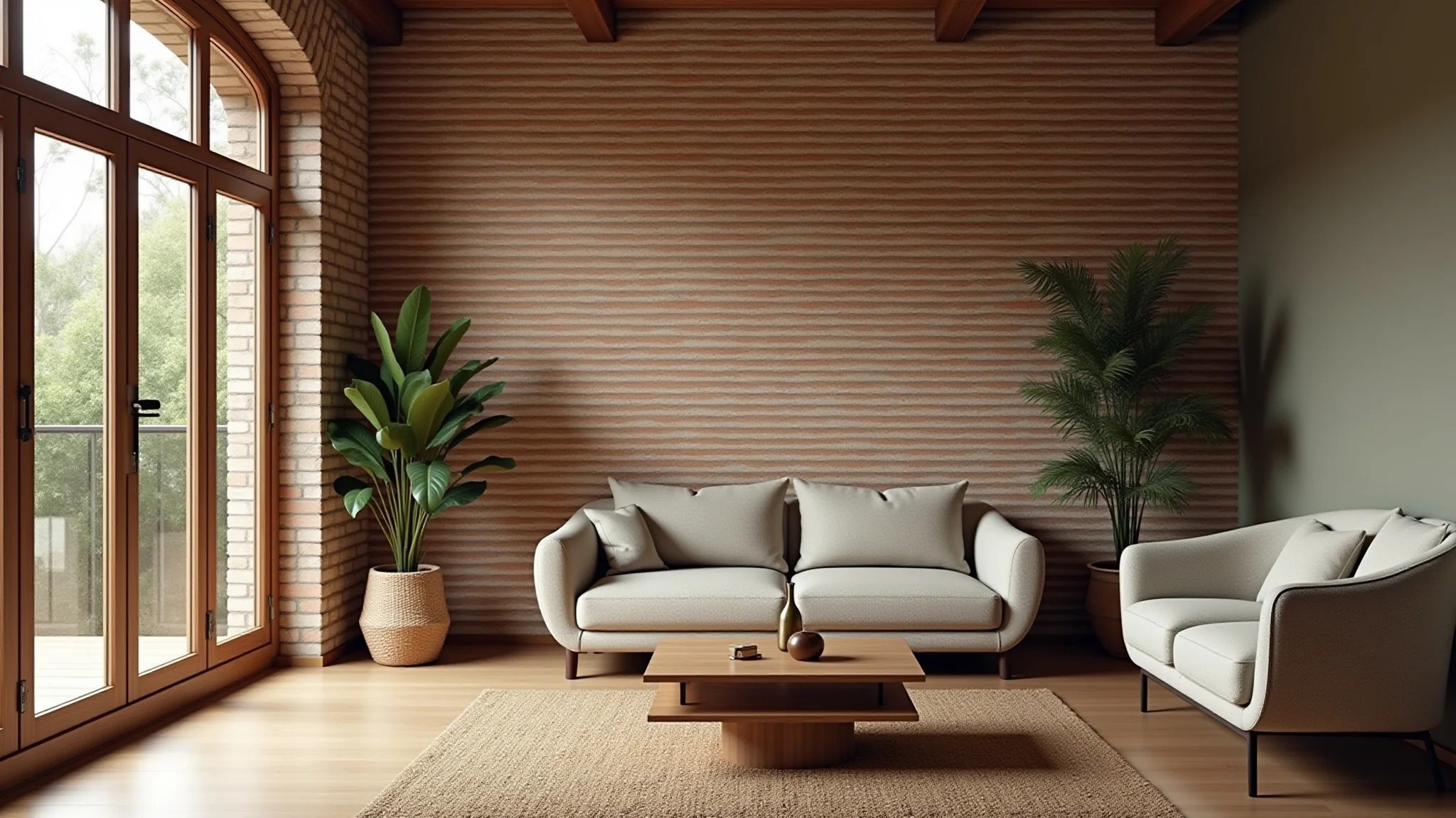 Sala rústica com parede de tijolos aparentes e tapete de sisal.