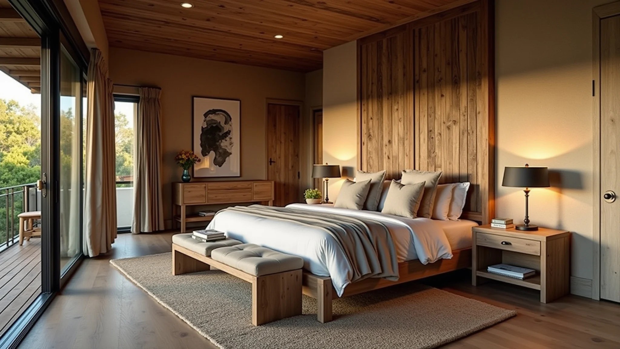 Quarto masculino rústico com madeira natural e tons terrosos.