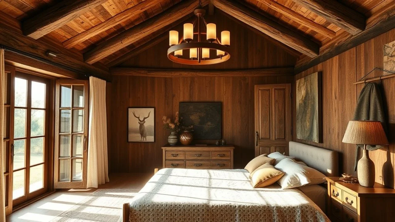 Quarto de casal rústico com lustre de madeira, ambiente aconchegante e convidativo.