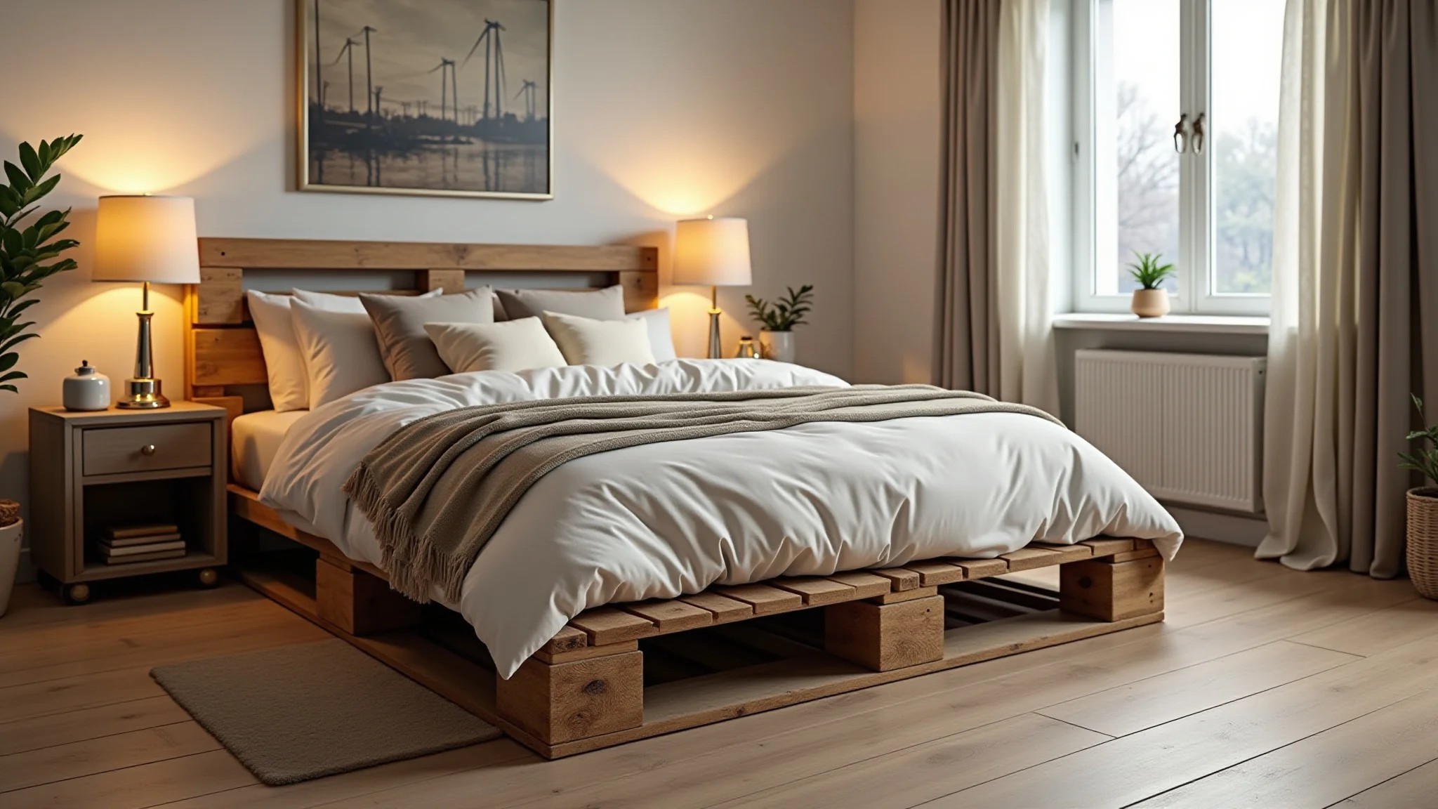 Cama rústica de paletes em quarto moderno, roupa de cama macia.