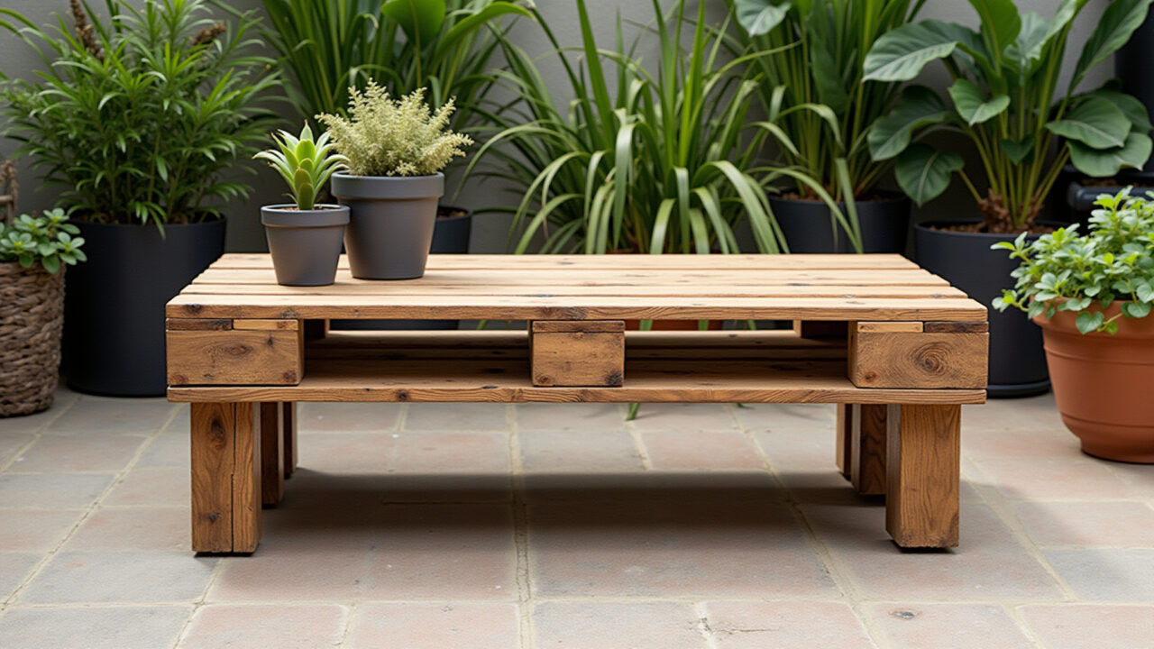 Mesa de centro rústica feita com pallet em um jardim.