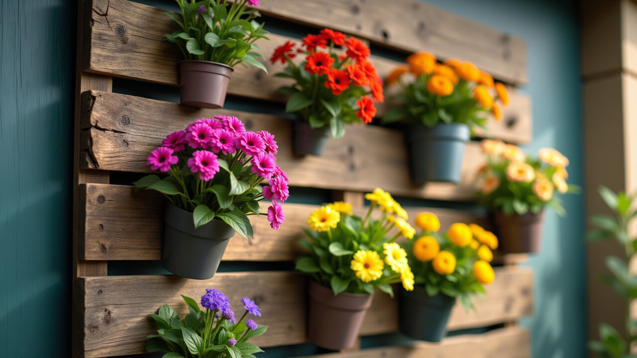 Horta vertical rústica feita com pallets e flores coloridas.