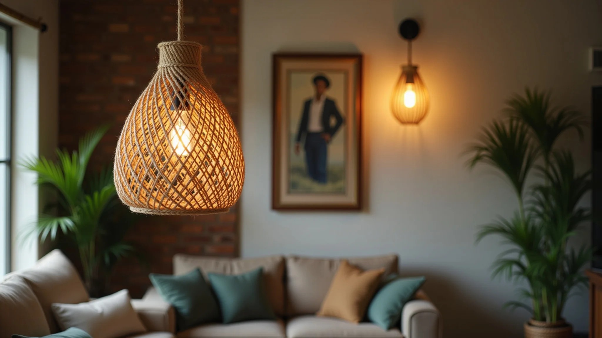 Luminária rústica de corda de sisal pendurada em sala de estar aconchegante.
