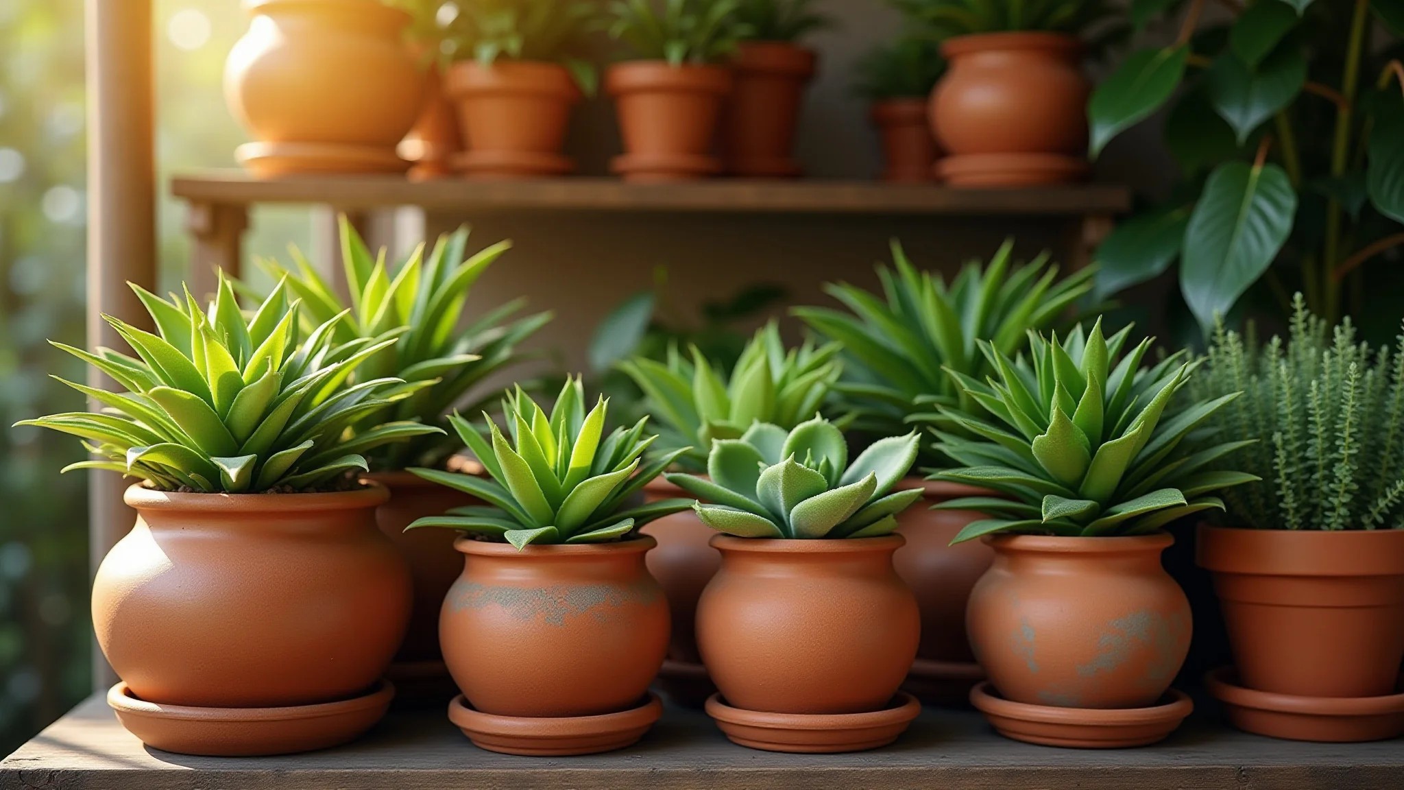 Vasos de barro rústicos com plantas exuberantes em prateleira de madeira.