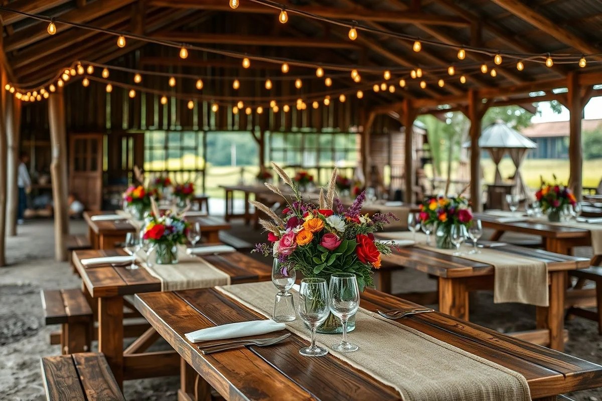 Recepção rústica de casamento em fazenda brasileira com decoração campestre e iluminação aconchegante.